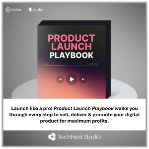 May include: A black box with the text "PRODUCT LAUNCH PLAYBOOK" in pink and white. The box has audio controls and a gradient background. The text "Launch like a pro! Product Launch Playbook..." is below the box.
