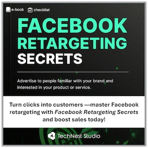 Pode incluir: Uma capa de e-book de marketing digital com o título "FACEBOOK RETARGETING SECRETS" em texto grande, verde-azulado e branco. A capa também inclui o texto "Anuncie para pessoas familiarizadas com sua marca e interessadas em seu produto ou serviço."