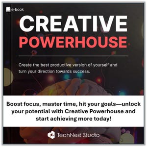 Könnte beinhalten: Ein E-Book-Cover mit dem Titel "CREATIVE POWERHOUSE" in großen weißen und roten Buchstaben. Das Cover enthält den Text "Erschaffen Sie die beste produktive Version von sich selbst und lenken Sie Ihre Richtung zum Erfolg." und "Steigern Sie Ihren Fokus, meistern Sie die Zeit, erreichen Sie Ihre Ziele – entfalten Sie Ihr Potenzial mit Creative Powerhouse und beginnen Sie noch heute, mehr zu erreichen!"