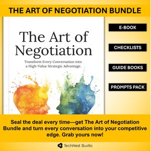 Peut inclure: Ensemble « L'Art de la Négociation » comprenant un e-book, des listes de contrôle, des guides et un pack d'invites. La couverture affiche le titre et le sous-titre, avec des profils humains à l'aquarelle orange et bleu. Pour négocier avec succès.