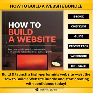 May include: A promotional image for a website building bundle. The image features the text "How to Build a Website" in white and red, along with a list of included resources: E-book, Checklist, Guide, Prompt Pack, Workbook, and Toolstack.