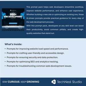 K&ouml;nnte beinhalten: Werbegrafik f&uuml;r ein Webentwicklung-Prompt-Paket. Das Design weist ein blau-wei&szlig;es Farbschema mit dem Text "950+ WEB DEVELOPMENT PROMPT PACK" auf. Der Text hebt Funktionen wie verbesserter Workflow und Benutzererfahrung hervor.