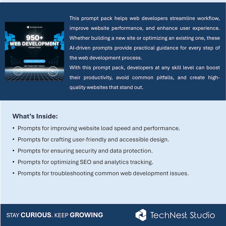 K&ouml;nnte beinhalten: Werbegrafik f&uuml;r ein Webentwicklung-Prompt-Paket. Das Design weist ein blau-wei&szlig;es Farbschema mit dem Text "950+ WEB DEVELOPMENT PROMPT PACK" auf. Der Text hebt Funktionen wie verbesserter Workflow und Benutzererfahrung hervor.