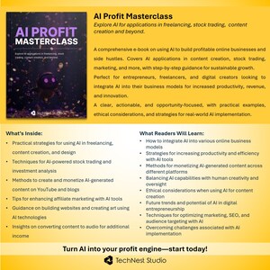 May include: An ebook cover titled "AI Profit Masterclass" with a purple and black design. The book promises to explore AI applications in freelancing, stock trading, and content creation. The image includes a list of what's inside and what readers will learn.