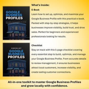 May include: Two digital guides on a yellow background. The first, titled "Google Business Profiles," features a building illustration. The second, a checklist, also focuses on Google Business Profiles. The text reads: "All-in-one toolkit to master Google Business Profiles and grow locally with confidence."