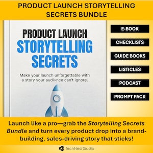 Może przedstawiać: Obraz promocyjny dla "Product Launch Storytelling Secrets Bundle". Obraz przedstawia książkę z tytułem w dużych niebieskich literach. Towarzyszący tekst brzmi: "Spraw, aby Twoja premiera była niezapomniana dzięki historii, której Twoja publiczność nie może zignorować". Jest też rakieta i lista zasobów.