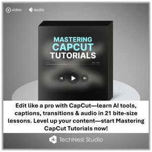 May include: A black box with the text "MASTERING CAPCUT TUTORIALS" in white and teal. The box has video controls and the words "video" and "audio" in the top left corner. Below the box is text that reads "Edit like a pro with CapCut..."