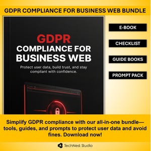 Puede incluir: Imagen promocional de un paquete de cumplimiento del RGPD. La imagen presenta el texto "GDPR COMPLIANCE FOR BUSINESS WEB" en blanco y rojo, junto con un gráfico de portátil. El paquete incluye un libro electrónico, una lista de verificación, guías y un paquete de indicaciones. Fondo negro y amarillo.