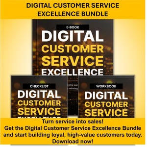 Könnte beinhalten: Das Bild zeigt ein "Digital Customer Service Excellence Bundle" mit einem E-Book, einer Checkliste und einem Arbeitsbuch. Der Text ist in Weiß und Gelb auf dunklem Hintergrund. Das Bundle verspricht, loyale Kunden zu gewinnen.