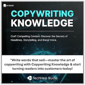 Könnte beinhalten: Ein E-Book-Cover mit dem Titel "COPYWRITING KNOWLEDGE" in großen weißen und türkisfarbenen Buchstaben. Das Cover enthält den Text "Craft Compelling Content: Discover the Secrets of Headlines, Storytelling, and Brand Voice." und "Write words that sell—master the art of copywriting with Copywriting Knowledge & start turning readers into customers today!"