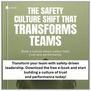 Puede incluir: Portada de un libro electrónico verde oliva con el título "THE SAFETY CULTURE SHIFT THAT TRANSFORMS TEAMS" en letras blancas grandes. El texto "Build a culture where safety fuels trust and performance" también está presente. Una pancarta blanca dice: "Transforme su equipo con liderazgo impulsado por la seguridad."