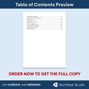 May include: A preview of a document's table of contents, featuring a list of writing-related topics with page numbers. The text "ORDER NOW TO GET THE FULL COPY" is in red. The TechNest Studio logo is in the bottom right.