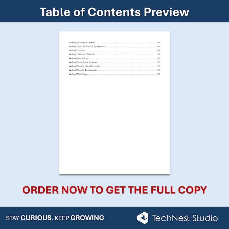May include: A preview of a document's table of contents, featuring a list of writing-related topics with page numbers. The text "ORDER NOW TO GET THE FULL COPY" is in red. The TechNest Studio logo is in the bottom right.