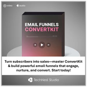Może przedstawiać: Grafika marketingu cyfrowego z tekstem "EMAIL FUNNELS CONVERTKIT" w kolorze białym i różowym. Obraz zawiera przycisk odtwarzania i hasło: "Zmień subskrybentów w sprzedaż". Logo TechNest Studio znajduje się na dole.
