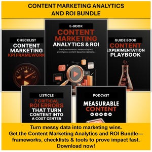 Może przedstawiać: Obraz promocyjny pakietu analitycznego i ROI marketingu treści. Obraz zawiera e-book, listę kontrolną, przewodnik, listę i podcast. Tekst zawiera "Content Marketing Analytics & ROI" i "Turn messy data into marketing wins."