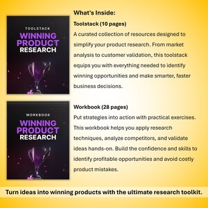 May include: Two product research guides titled "Winning Product Research" with a purple trophy graphic. The guides are labeled "Toolstack" (10 pages) and "Workbook" (28 pages). Text reads "Turn ideas into winning products with the ultimate research toolkit."