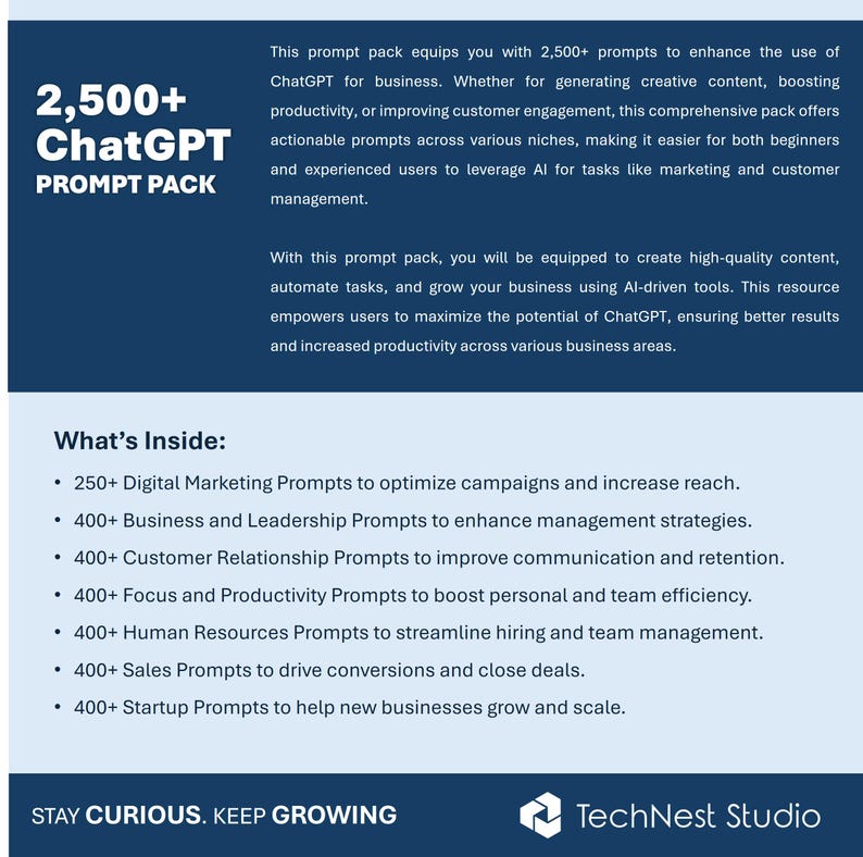 K&ouml;nnte beinhalten: Dunkelblaue Grafik mit wei&szlig;em Text, der ein "2.500+ ChatGPT PROMPT PACK" bewirbt. Es bietet Prompts f&uuml;r verschiedene Gesch&auml;ftsbereiche, darunter Marketing, Vertrieb und HR. Unten steht "STAY CURIOUS. KEEP GROWING" und "TechNest Studio".