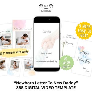 Plantilla de video de carta para recién nacidos a papá / Primer día del padre / Video de fácil edición para redes sociales / Regalo personalizado de último minuto para él