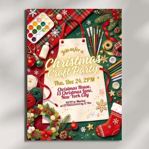 Puede incluir: Una invitación para una fiesta de manualidades navideñas con un delantal crema central con el texto Join us for a Christmas Craft Party, Thu, Dec 24, 2PM, Christmas House, 13 Christmas Lane, New York City, RSVP to Marina at 07766555444 by 12 Dec.