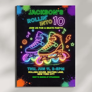 May include: A neon-style digital invitation for a birthday party featuring two inline skates, colorful paint splatters, and the text: JACKSON'S ROLLIN' INTO 10, JOIN US FOR A SKATE PARTY, THU, JUN 11, 2-5PM, ROLLING HOUSE, SKATING LANE, NEW YORK CITY, RSVP TO MARINA AT 07766555444.