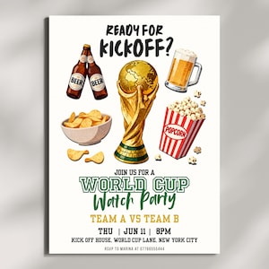 May include: A poster advertising a World Cup Watch Party, featuring illustrations of beer, snacks, and a trophy. The text reads "READY FOR KICKOFF?" and includes event details such as the date, time, and location.