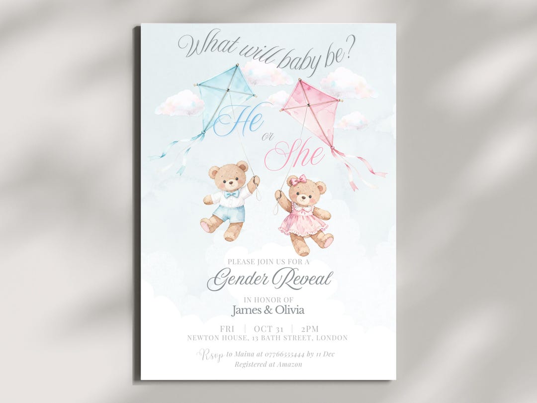 Teddy Bear Gender Reveal Invitation Template, He or She Invite, Pastel ...