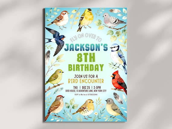 Bird Encounter Birthday Invitation Template, Outdoor Nature Kids Party Invite, Watercolor Birds Party: Instant Download Editable Canva