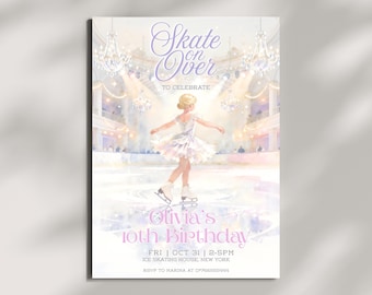 Ice Skating Birthday Party Invitation Template, Winter Skate Invite, Elegant Ballerina Ice Skater: Instant Download Editable Canva Template