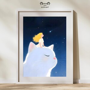 Arte mural de niña de ensueño y gato grande / Regalo para amantes de los gatos, Póster de noche estrellada para niños y decoración de sala de juegos, Imprimible para guardería, Descarga digital
