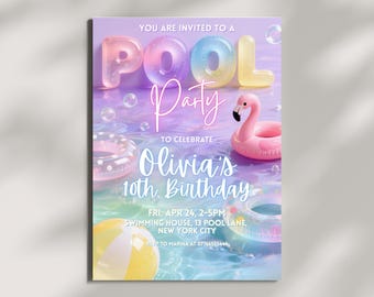 Pastell Pool Party Geburtstagseinladung Vorlage, Mädchen Water Splash einladen, Kinder Teenager Sommerspaß, Flamingo: Sofortiger Download bearbeitbare Leinwand