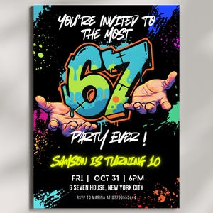 May include: A black party invitation with graffiti-style text and graphics. The invitation reads "You're Invited to the Most Party Ever!" and announces "Samson is turning 10" with date, time, and location details.