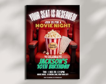 May include: A movie night invitation featuring a red and white striped popcorn bucket, popcorn, and tickets on a red cinema seat. The invitation says "Your Seat is Reserved! Join us for a Movie Night" and celebrates Jackson's 10th Birthday.