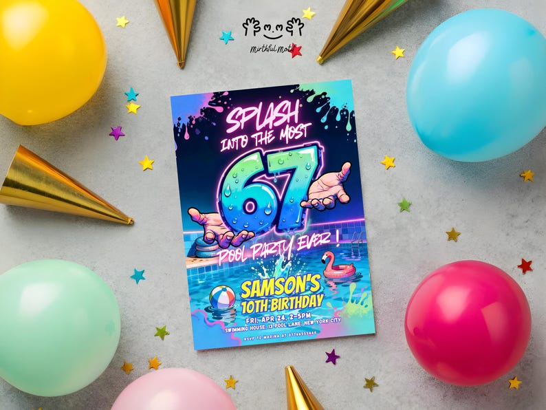 Six Seven Pool Party Invitation Template, 67 Meme Birthday Invite, Neon ...