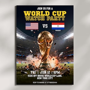 May include: A promotional poster for a World Cup watch party. The poster features the USA and Paraguay flags, a golden trophy, and the text "Join us for a World Cup Watch Party". The event is on June 12th at 6 PM in New York City.