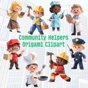 Origami-clipart community helpers | Droombaan Beroep Beroep Kinderen | Illustratie voor afdrukbare topper decoratie schoolcarrièredag