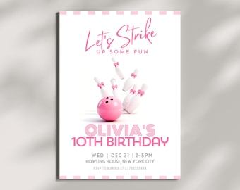 Pink Bowling Birthday Party Invitation Template, Coquette Ribbon Bow Invite,  Cute Girls Birthday, Let’s Strike Up Some Fun: Canva Template