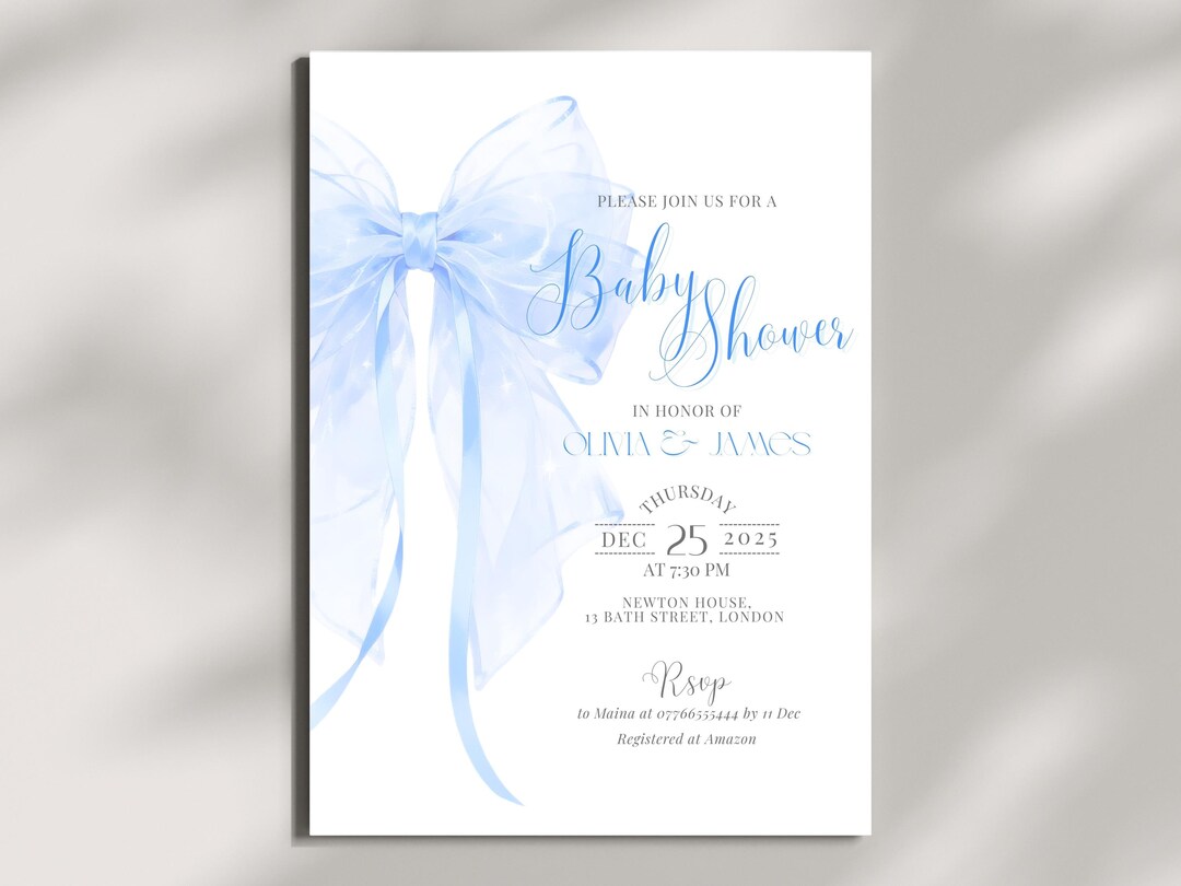 Blue Bow Baby Shower Invitation Template, Blush Ribbon Invite for Baby ...