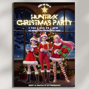 May include: A festive Christmas party invitation featuring three figures in Santa-themed outfits, holding gifts. The text reads "HUNTRAX CHRISTMAS PARTY" with date and time details. The background includes a Christmas tree and a snowy scene.