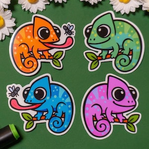 Ensemble d'autocollants en vinyle caméléon mignon | Finition stratifiée brillante | Décoration résistante à l'eau pour bouteille d'ordinateur portable et agenda | Cadeau amusant animal de la jungle