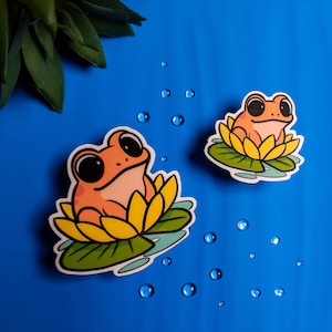 Pegatina de vinilo de rana adorable / Calcomanía de rana de nenúfar pastel / Pegatina de animal kawaii / Pegatina resistente al agua para portátil o agenda / Regalo para amantes de las ranas