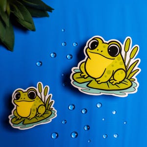 Pegatina de sapo sobre nenúfar / Vinilo natural adorable / Pegatina de animal resistente al agua / Decoración estilo cottagecore para portátil o diario / Regalo para amantes de las ranas