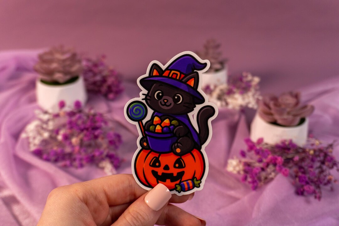 Witchy Cat Halloween Vinyl Sticker - Etsy