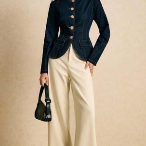 Könnte beinhalten: Dunkelblaue Jeansjacke mit goldenen Knöpfen und taillierter Passform, kombiniert mit cremefarbenen Hosen mit weitem Bein. Eine kleine schwarze Handtasche wird gehalten. Das Outfit ist ein stilvolles Ensemble.