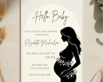 Invitación de baby shower de género neutro / Plantilla editable de silueta de embarazada / Descarga digital e imprimible / Minimalista Canva Evite