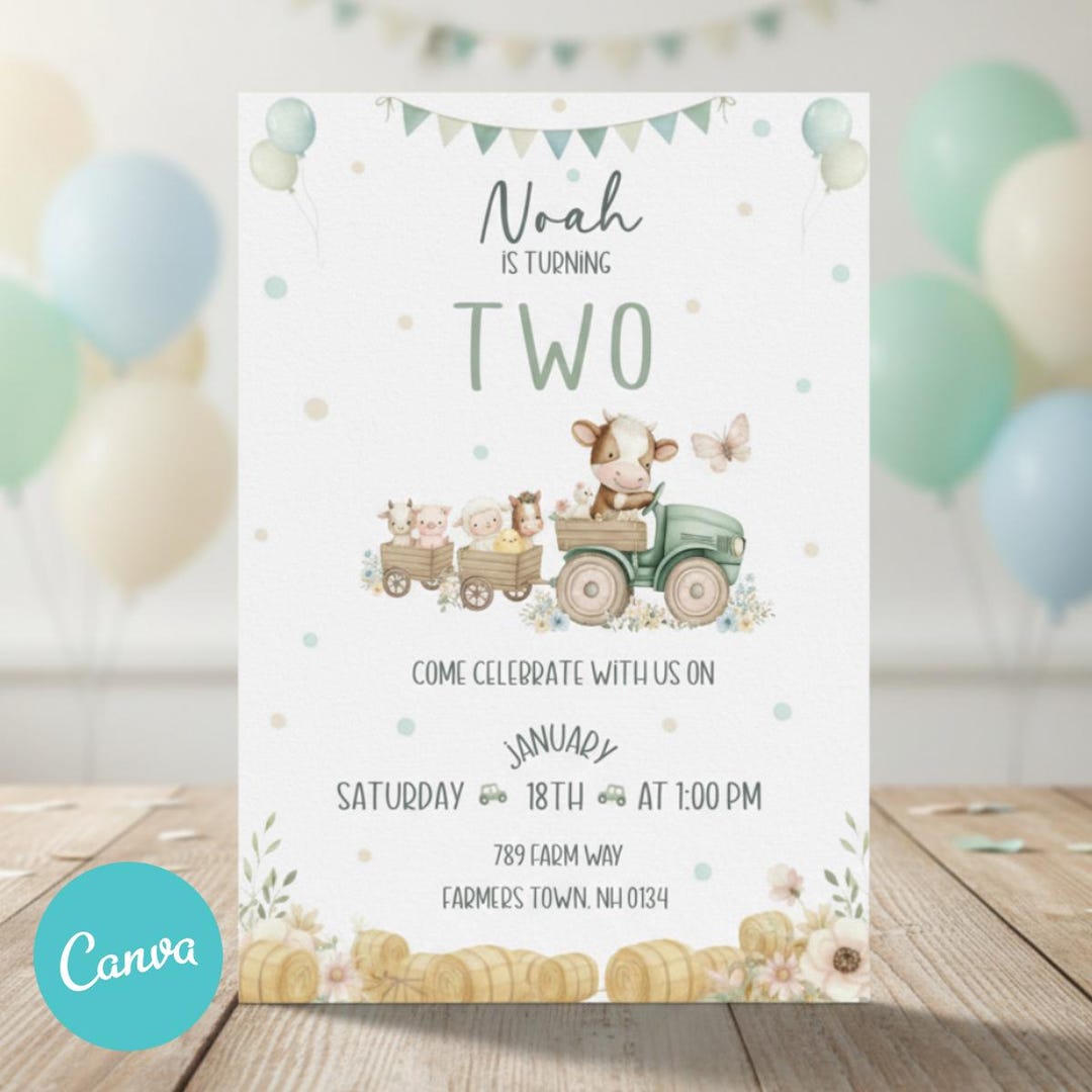 Editable Farm Birthday Invitation for Boy, Animal Theme Canva Template ...
