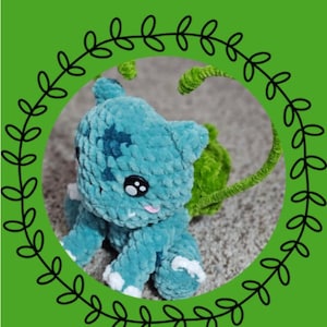 May include: A crocheted Bulbasaur plushie from the "Chibi Series" in shades of blue and green. The plush has large black eyes, white accents, and a green bulb on its back. The image includes text that reads "Eevolutionary Crochet" and "Bulbasaur".