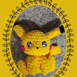 May include: A handmade yellow Pikachu plushie from the "Chibi Series" crochet pattern. The plushie has red cheeks, black-tipped ears, and a smiling face. The image includes text that says "Eeveelutionary Crochet" and "Chibi Series: Pikachu".
