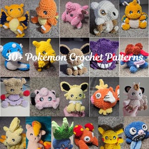 May include: A collection of over 30 plush crochet toys depicting various creatures, including yellow, blue, pink, and brown characters with large eyes. The image features the white text overlay 30+ Pokemon Crochet Patterns centered.