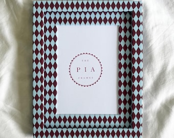 Burgundy & Blue Harlequin Fabric Frame – Hand-Wrapped Picture Frame – Playful Kitchen or Gallery Wall Decor