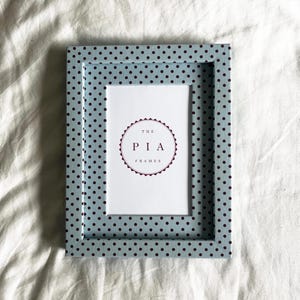 May include: A rectangular photo frame with a light blue polka dot pattern. The frame has a white interior with the text "THE PIA FRAMES" in a circular design. The frame is on a white surface.